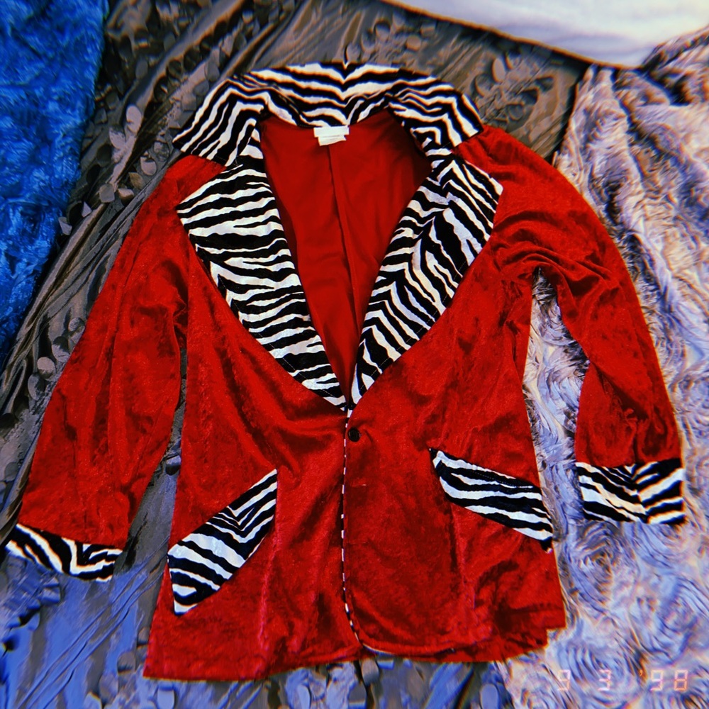 Red with Zebra Print Cuffs and Collar Faux Velvet Costume Jacket